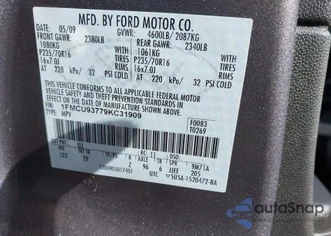 2009 Ford Escape Xlt z USA, uszkodzony, nr VIN 1FMCU93779KC31909